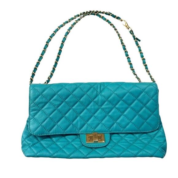 Leather Exterior Quilted Gold-Tone Turn Lock and Chain Shoulder Turquoise Bag - Picture 1 of 8
